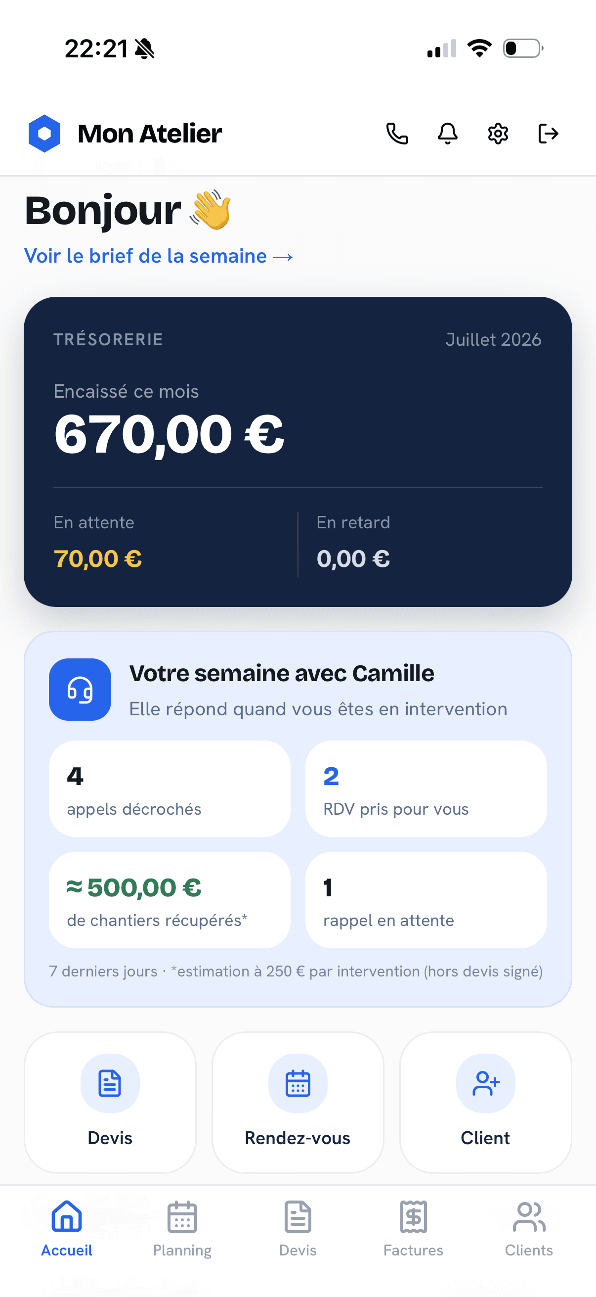 Écran Accueil de l'application Mon Atelier