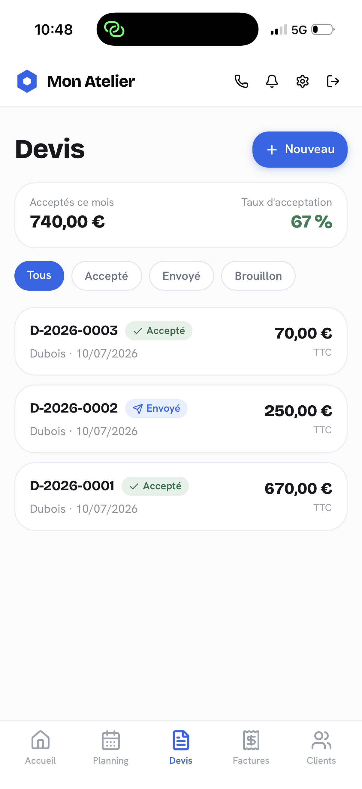Écran Devis de l'application Mon Atelier